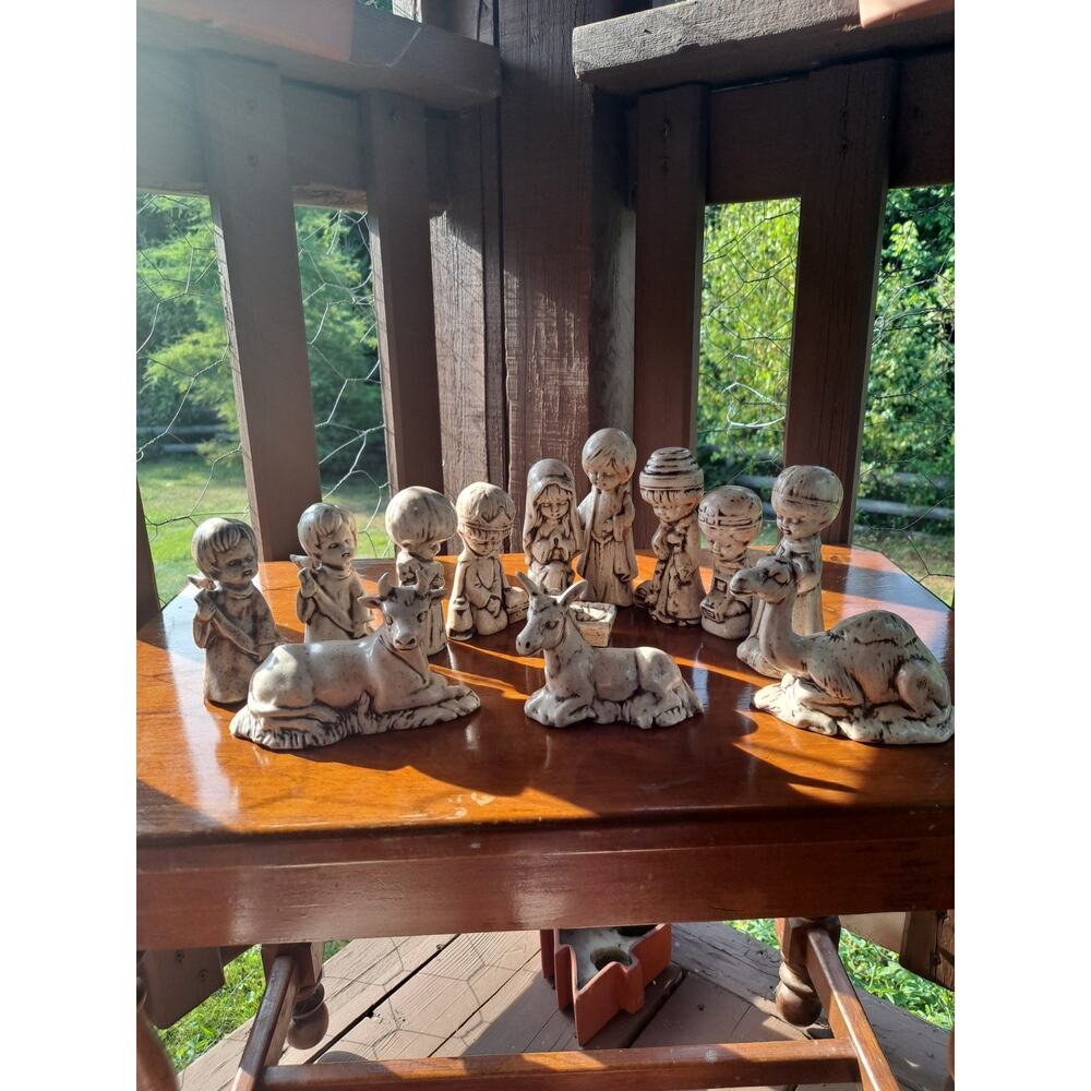 Vintage Ceramic White 13 Piece Nativity Set 1980 Duncan Enterprises Christmas